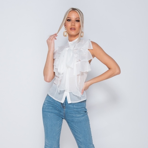 Sweet Poetry White Pussy Bow Blouse Top - Picture 3 of 8